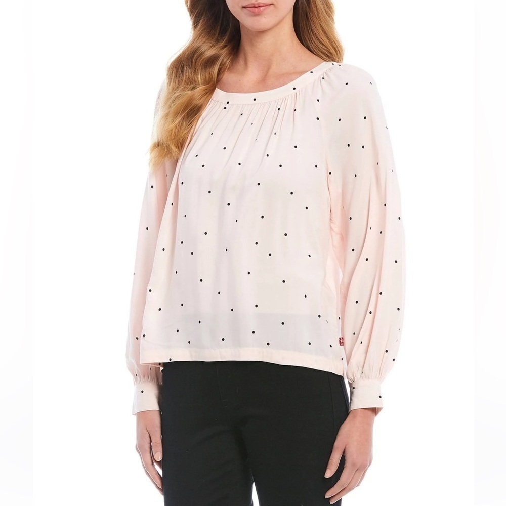 Levi's Women's Size Large Blouse Light Pink Black Polka Dots Keyhole Long Sleeve